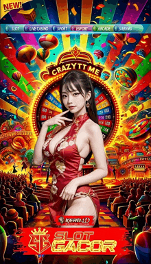 a woman in a red dress is standing in front of a spinning wheel that says crazytime