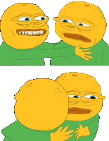 a cartoon drawing of a person hugging another person with a lemon on their face