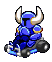 a pixel art of a blue knight with horns riding a kart