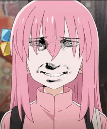 a drawing of a girl with pink hair has a black nose