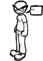 a black and white drawing of a cartoon character with a speech bubble saying ok .