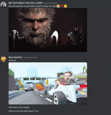 a screenshot of a discord conversation with a picture of a monkey and a picture of a man driving a car