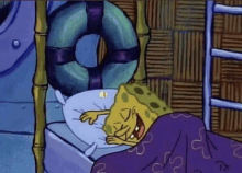 a cartoon of spongebob squarepants sleeping in a bed with a life preserver behind him .