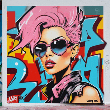 a graffiti painting of a woman with pink hair and sunglasses by ladypik