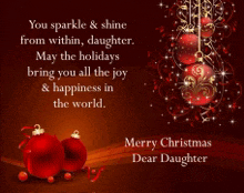 a merry christmas card for a daughter with red christmas balls