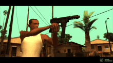 a man holding a gun in a video game that says game mogging on the bottom