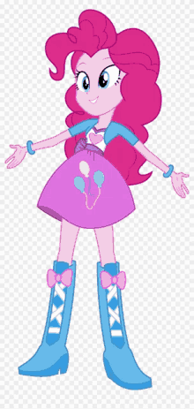 pinkie pie from my little pony equestria girls is wearing a pink dress and blue boots .