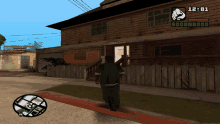 a video game screen shows a man walking towards a house with the time of 12:01 on it