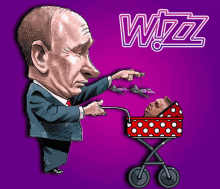 a cartoon of a man pushing a baby in a stroller with the word wizz on the bottom