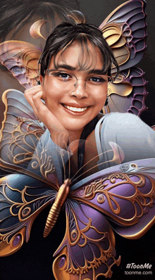 a painting of a woman with a butterfly behind her that says toonme on the bottom