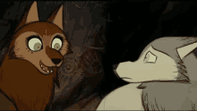 a cartoon drawing of a wolf and a fox looking at each other