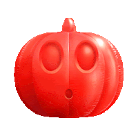 a red inflatable pumpkin with a surprised look on it 's face