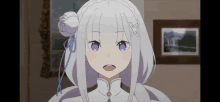 a girl with white hair and purple eyes has an x on her head