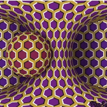 a purple and gold optical illusion with a red ball in the center