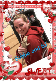 a picture of a woman holding a lizard with the words " bubba and bj " on the bottom