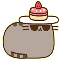 a cartoon cat wearing sunglasses and a hat with a pink cake on top