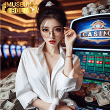 a woman standing in front of a slot machine that says casino on it