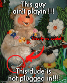 a picture of a teddy bear playing a guitar with the caption " this guy ain 't playin "