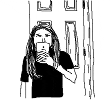 a black and white drawing of a woman taking a selfie with a cell phone .