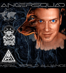 an angersquad metal world alliance poster with a man and a wolf