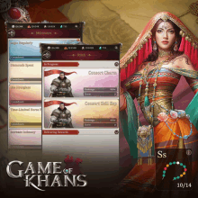 a screenshot of game of khans with a woman in a red dress