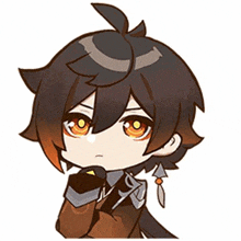 a chibi drawing of a boy with long black hair and orange eyes holding his hand to his chin .