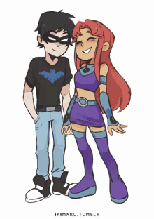 a drawing of robin and starfire holding hands