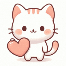 a white cat is holding a pink heart in its mouth