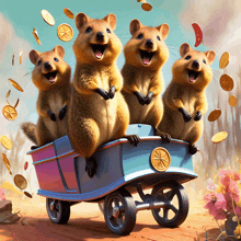 a painting of four squirrels riding on a cart with coins falling around them