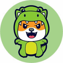 a cartoon shiba inu wearing a dinosaur costume .