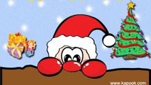 a cartoon of santa peeking out of a hole with a christmas tree and presents in the background