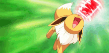 a cartoon eevee is flying in the air with a red light coming out of its mouth .