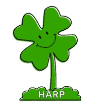 a cartoon green clover with a smiley face and the word harp below it