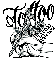 a black and white drawing of a tattoo artist holding a machine