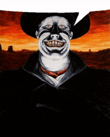 a painting of a man in a cowboy hat with a speech bubble