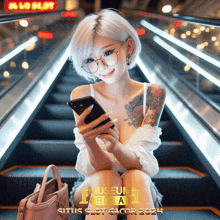 a woman is sitting on an escalator looking at her cell phone