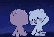 two cartoon bears are looking at each other and smiling