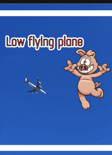 a cartoon pig is jumping in the air in front of a plane that says low flying plane