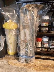 a bag of subway slice kicks sits on a kitchen counter