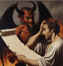 a painting of a man reading a scroll with a demon behind him