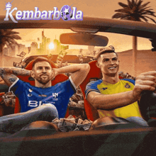 two soccer players are sitting in a car with the words kembarbola on the bottom