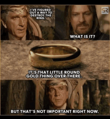 two men are looking at a gold ring and one of them is saying " what is it "