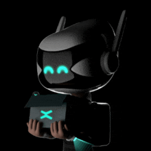 a black robot holding a small box with a x on it