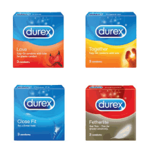 four boxes of durex condoms are lined up in a row