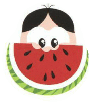 a cartoon character is eating a slice of watermelon with his face sticking out of it .