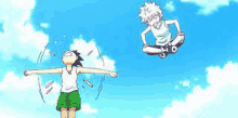 a couple of anime characters standing next to each other with their arms outstretched in the air .