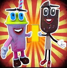 a cartoon drawing of a purple drink and a chocolate ice cream bar