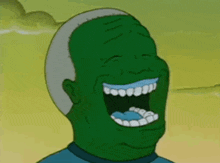 a cartoon of a green man laughing with his mouth open .