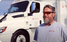 a man wearing sunglasses and a shirt that says veolia stands in front of a white truck