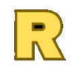 a yellow letter r with a black outline on a white background